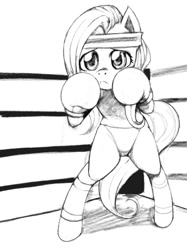 Size: 1023x1365 | Tagged: safe, artist:pugilismx, character:fluttershy, species:pony, bipedal, boxing, clothing, female, foxy boxing, monochrome, panties, solo, underwear