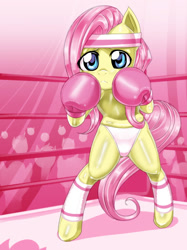 Size: 1023x1365 | Tagged: safe, artist:pugilismx, character:fluttershy, species:pony, bipedal, boxing, clothing, color, female, foxy boxing, headband, panties, pink underwear, semi-anthro, solo, underwear
