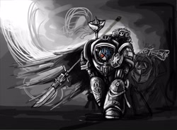 Size: 3800x2800 | Tagged: safe, artist:europamaxima, character:shining armor, armor, bolter, crossover, gray background, grayscale, grey knights, gun, male, monochrome, nemesis force halberd, polearm, power armor, powered exoskeleton, prosthetic eye, prosthetics, psilencer, psycannon, simple background, solo, storm bolter, terminator armor, warhammer (game), warhammer 40k, weapon