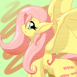 Size: 1000x1000 | Tagged: safe, artist:ragurimo, character:flutterbat, character:fluttershy, species:bat pony, species:pony, episode:bats!, g4, my little pony: friendship is magic, cute little fangs, fangs, female, looking at you, looking back, pixiv, race swap, solo, spread wings, wings