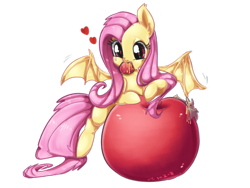 Size: 1280x960 | Tagged: safe, artist:kkuyo, character:flutterbat, character:fluttershy, species:bat, species:bat pony, species:pony, episode:bats!, g4, my little pony: friendship is magic, animal, apple, cute, female, giant apple, heart, mouth hold, race swap, shyabates, shyabetes, solo, tumblr