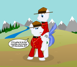 Size: 1500x1300 | Tagged: safe, artist:grilledcat, species:earth pony, species:pony, g4, canada, canadian, eh, male, mountie, ponies riding ponies, pun, royal canadian mounted police, stallion, stereotype