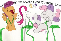 Size: 840x572 | Tagged: safe, artist:rannva, character:applejack, character:rarity, character:scootaloo, character:sweetie belle, apple bloom's bow, bow, bungee jumping, hair bow, implied apple bloom