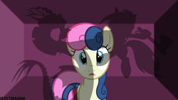 Size: 1366x768 | Tagged: safe, artist:detectivebuddha, character:bon bon, character:discord, character:lyra heartstrings, character:sweetie drops, species:earth pony, species:pony, female, mare, shadow, tomahawk, wallpaper