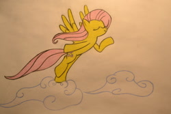 Size: 1024x683 | Tagged: safe, artist:ghostofwar909, character:fluttershy, cloud, female, solo, traditional art