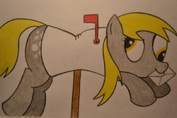Size: 1024x683 | Tagged: safe, artist:ghostofwar909, character:derpy hooves, species:pegasus, species:pony, derpy inside a mailbox, female, mail, mailbox, mare, mouth hold, solo, traditional art
