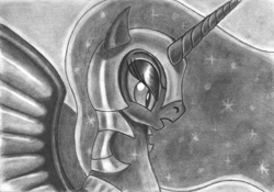 Size: 1230x860 | Tagged: safe, artist:ghostofwar909, character:nightmare moon, character:princess luna, female, monochrome, solo, traditional art