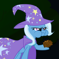 Size: 1000x1000 | Tagged: safe, artist:graphic-lee, character:trixie, species:pony, cape, clothing, eating, female, hat, pinecone, puffy cheeks, solo, trixie eating pinecones, trixie's cape, trixie's hat