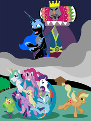 Size: 990x1320 | Tagged: safe, artist:philith, character:applejack, character:fluttershy, character:nightmare moon, character:pinkie pie, character:princess celestia, character:princess luna, character:rainbow dash, character:rarity, character:spike, character:twilight sparkle, katamari damacy, king of all cosmos, mane seven, mane six, parody