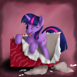 Size: 1200x1200 | Tagged: safe, artist:bluespaceling, character:twilight sparkle, character:twilight sparkle (alicorn), species:alicorn, species:pony, behaving like a cat, box, cardboard box, female, mare, pony in a box, solo, tongue out, wink