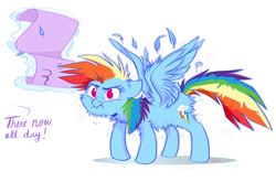 Size: 1903x1259 | Tagged: safe, artist:graystripe64, character:rainbow dash, character:rarity, species:pegasus, species:pony, angry, cute, cutie mark, dashabetes, feather, female, floppy ears, fluffy, glare, hair, implied rarity, levitation, magic, messy mane, scrunchy face, shedding, simple background, solo, spread wings, telekinesis, towel, white background, wings