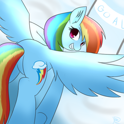 Size: 600x600 | Tagged: safe, artist:ranban, character:rainbow dash, female, finish line, looking at you, looking back, pixiv, plot, solo