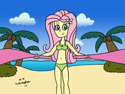 Size: 1600x1200 | Tagged: safe, artist:djgames, character:fluttershy, my little pony:equestria girls, beach, belly button, bikini, cleavage, clothing, dancing, female, loop-de-hoop, solo, swimsuit