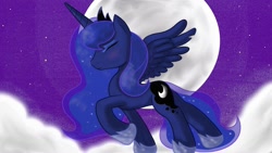 Size: 1366x768 | Tagged: safe, artist:springveil, character:princess luna, species:alicorn, species:pony, cloud, eyes closed, female, mare, moon, night, on a cloud, profile, raised hoof, solo