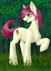 Size: 1000x1400 | Tagged: safe, artist:santagiera, character:roseluck, species:earth pony, species:pony, female, grass, looking back, mare, open mouth, outdoors, raised hoof, smiling, solo, standing, tree