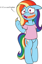 Size: 2065x3105 | Tagged: safe, artist:apony, artist:quarantinedchaoz, character:fluttershy, character:rainbow dash, species:pegasus, species:pony, alternate hairstyle, bipedal, blushing, caught, clothing, female, mare, open mouth, rainbow dash always dresses in style, shirt, simple background, solo, t-shirt, white background