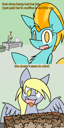 Size: 1280x2559 | Tagged: safe, artist:askincompetentlightningdust, artist:ralek, character:derpy hooves, character:lightning dust, species:pegasus, species:pony, desk, dialogue, female, mare, muffin, paper, question mark, tongue out, tumblr