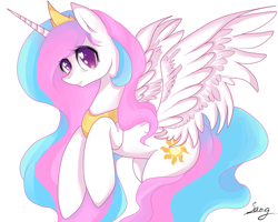 Size: 2000x1600 | Tagged: safe, artist:santagiera, character:princess celestia, species:alicorn, species:pony, cute, cutelestia, female, flying, get, index get, jewelry, looking at you, mare, rearing, regalia, signature, simple background, smiling, solo, spread wings, wings