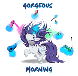 Size: 2503x2446 | Tagged: safe, artist:junkiekb, character:rarity, species:pony, species:unicorn, brushie, comb, eyes closed, hair dryer, hairspray, high res, magic, makeover, makeup, messy mane, morning ponies, perfume, radio