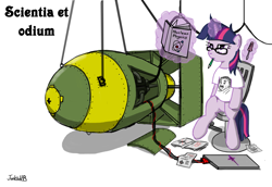 Size: 3200x2200 | Tagged: safe, artist:junkiekb, character:twilight sparkle, species:pony, species:unicorn, albert einstein, atomic bomb, bedroom eyes, bomb, book, chair, clothing, glasses, high res, latin, magic, magitek, notes, nuclear weapon, pencil, screwdriver, shirt, sitting, t-shirt, textbook, twilight is not amused, wrench
