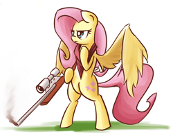 Size: 2518x2000 | Tagged: safe, artist:shovrike, character:fluttershy, species:pegasus, species:pony, bandana, bipedal, cutie mark, female, flutterbadass, frown, glare, gun, hoof hold, hooves, mare, optical sight, rifle, simple background, smoke, sniper rifle, snipershy, solo, spread wings, weapon, white background, who needs trigger fingers, wings