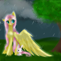 Size: 2800x2800 | Tagged: safe, artist:alicjaspring, character:angel bunny, character:fluttershy, rain, wing umbrella