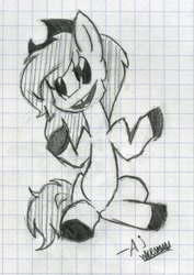 Size: 971x1372 | Tagged: source needed, safe, artist:halfaman, character:applejack, 1910s, 1920s, 1930s, black and white cartoon, female, graph paper, monochrome, old, oldschool cartoon, pacman eyes, sitting, solo, traditional art