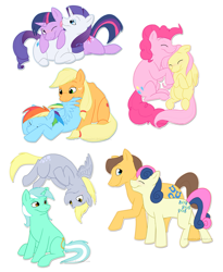 Size: 1920x2337 | Tagged: safe, artist:arcticwaters, character:applejack, character:bon bon, character:caramel, character:derpy hooves, character:fluttershy, character:lyra heartstrings, character:pinkie pie, character:rainbow dash, character:rarity, character:sweetie drops, character:twilight sparkle, character:twilight sparkle (unicorn), species:earth pony, species:pegasus, species:pony, species:unicorn, ship:appledash, ship:carabon, ship:flutterpie, ship:lyraderp, ship:rarilight, female, lesbian, male, mare, preening, shipping, stallion, straight