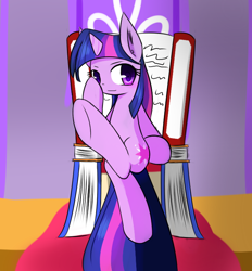 Size: 652x702 | Tagged: safe, artist:ranban, character:twilight sparkle, character:twilight sparkle (unicorn), species:pony, species:unicorn, book, book throne, crossed legs, female, mare, solo, throne, throne slouch, underhoof