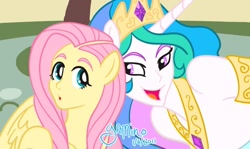 Size: 700x418 | Tagged: safe, artist:yamino, character:fluttershy, character:princess celestia, species:anthro, episode:a bird in the hoof, g4, my little pony: friendship is magic, duo, human facial structure, scene interpretation