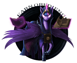 Size: 2782x2255 | Tagged: safe, artist:i-am-knot, character:twilight sparkle, character:twilight sparkle (alicorn), species:alicorn, species:pony, armor, book, clothing, female, glowing eyes, hood, looking at you, magic, mare, raised hoof, robe, solo, spread wings, telekinesis, tyrant sparkle, wings