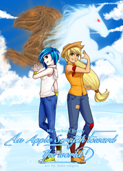 Size: 645x900 | Tagged: safe, artist:kare-valgon, character:applejack, character:dj pon-3, character:vinyl scratch, species:human, converse, fanfic art, fanfic cover, humanized, light skin