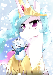 Size: 600x844 | Tagged: safe, artist:namagaki_yukina, character:princess celestia, species:pony, female, jewelry, looking at you, mare, regalia, snowman, snowpony, solo