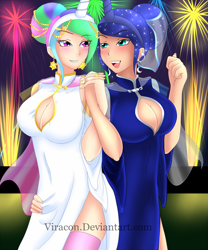 Size: 1000x1200 | Tagged: safe, artist:viracon, character:princess celestia, character:princess luna, species:human, blushing, boob window, breasts, busty princess celestia, busty princess luna, cheongsam, cleavage, clothing, dress, earring, female, fireworks, grin, headband, holding hands, hug, humanized, light skin, open mouth, smiling, thigh highs