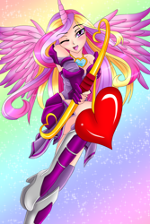 Size: 1200x1800 | Tagged: safe, artist:viracon, character:princess cadance, species:human, arrow, bow (weapon), bow and arrow, clothing, cupid, female, horned humanization, humanized, light skin, necklace, one eye closed, princess of love, solo, weapon, winged humanization, wink