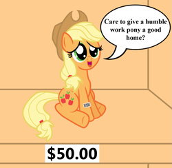 Size: 1177x1148 | Tagged: safe, artist:vincentthecrow, part of a set, character:applejack, barcode, bronybait, dialogue, female, for sale, ponies for sale, price tag, shut up and take my money, sitting, solo, speech bubble