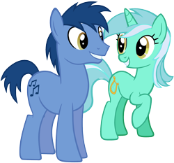 Size: 1430x1330 | Tagged: safe, artist:leapingriver, derpibooru original, character:blues, character:lyra heartstrings, character:noteworthy, episode:filli vanilli, g4, my little pony: friendship is magic, cute, eye contact, female, grin, lyrabetes, lyraworthy, male, noteabetes, ponies standing next to each other, simple background, smiling, straight, transparent background, vector