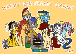 Size: 1569x1108 | Tagged: safe, artist:serenamidori, oc, oc only, oc:aurora, oc:britannia, oc:canni soda, oc:madame banane, oc:maredrid, oc:sani soda, oc:wachmann, species:earth pony, species:pony, species:unicorn, birthday, birthday cake, cake, female, food, male, mare, mascot, present, stallion
