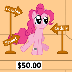 Size: 1041x1033 | Tagged: safe, artist:vincentthecrow, part of a set, character:pinkie pie, species:earth pony, species:pony, barcode, bronybait, c:, cuddly, cute, diapinkes, female, for sale, mare, ponies for sale, price, price tag, shut up and take my money, sign, sitting, smiling, solo, sweet, underhoof