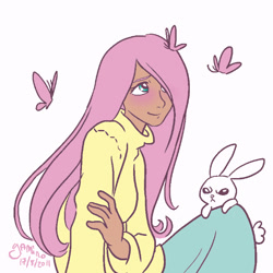Size: 600x601 | Tagged: safe, artist:yamino, character:angel bunny, character:fluttershy, species:human, butterfly, clothing, female, human female, humanized, long skirt, moderate dark skin, simple background, skirt, solo, sweater, sweatershy, turtleneck, white background