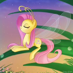 Size: 500x500 | Tagged: safe, artist:isa-isa-chan, character:fluttershy, species:breezies, species:pony, episode:it ain't easy being breezies, g4, my little pony: friendship is magic, breeziefied, eyes closed, female, flutterbreez, grass, hilarious in hindsight, mare, smiling, solo, species swap