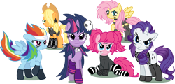 Size: 1700x815 | Tagged: safe, artist:schnuffitrunks, character:applejack, character:fluttershy, character:pinkie pie, character:rainbow dash, character:rarity, character:twilight sparkle, species:pony, alternate hairstyle, applepunk, clothing, fashion, flutterpunk, mane six, punk, punkie pie, punkity, rainbow punk, simple background, socks, striped socks, transparent background, vector