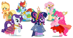 Size: 2275x1183 | Tagged: safe, artist:schnuffitrunks, character:applejack, character:fluttershy, character:pinkie pie, character:rainbow dash, character:rarity, character:twilight sparkle, alternate hairstyle, clothing, dress, elements of harmony, gala dress, mane six
