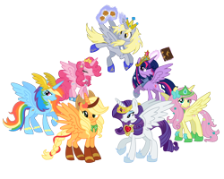 Size: 2500x2000 | Tagged: safe, artist:schnuffitrunks, character:applejack, character:derpy hooves, character:fluttershy, character:pinkie pie, character:rainbow dash, character:rarity, character:twilight sparkle, character:twilight sparkle (alicorn), species:alicorn, species:pony, season 4, alicorns everywhere, applecorn, derpicorn, everyone is an alicorn, fire ruby, fluttercorn, high res, mane six, mane six alicorns, pinkiecorn, race swap, rainbowcorn, raricorn, vector, xk-class end-of-the-world scenario