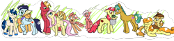 Size: 2500x600 | Tagged: safe, artist:cat4lyst, artist:coyoterainbow, character:apple bloom, character:applejack, character:big mcintosh, character:braeburn, character:carrot top, character:fluttershy, character:golden harvest, character:snails, character:soarin', oc, parent:apple bloom, parent:applejack, parent:big macintosh, parent:fluttershy, parent:snails, parent:soarin', parents:fluttermac, parents:snailbloom, parents:soarinjack, species:earth pony, species:pony, ship:carrotburn, ship:fluttermac, ship:soarinjack, male, offspring, pregnant, shipping, snailbloom, stallion, straight