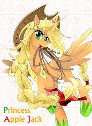 Size: 600x818 | Tagged: safe, artist:namagaki_yukina, character:applejack, species:alicorn, species:pony, g4, alicornified, alternate hairstyle, applecorn, female, jewelry, lasso, looking at you, mare, mouth hold, princess applejack, race swap, regalia, rope, solo