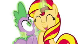 Size: 800x450 | Tagged: safe, artist:sofilut, character:spike, character:sunset shimmer, species:pony, species:unicorn, ship:sunsetspike, alternate universe, cute, female, hug, magic, male, shimmerbetes, shipping, simple background, straight, transparent background