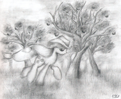 Size: 1585x1298 | Tagged: safe, artist:nika191319, character:applejack, female, monochrome, running, solo, traditional art, tree
