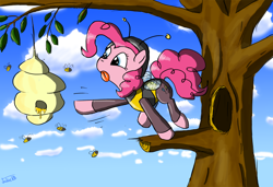 Size: 1412x967 | Tagged: safe, artist:junkiekb, character:pinkie pie, bee, beehive, costume, hive, honey, this will end in bees, this will end in pain, this will end in tears