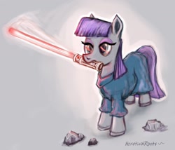 Size: 1732x1480 | Tagged: safe, artist:hereticalrants, character:maud pie, species:earth pony, species:pony, episode:maud pie, g4, my little pony: friendship is magic, crossover, darth maud, female, gray background, holding, lightsaber, mare, mouth hold, pun, signature, simple background, solo, star wars, three quarter view